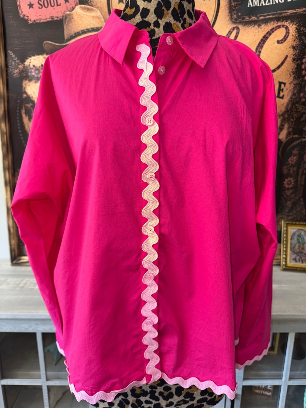 Jodifil Hot Pink Button Down Shirt with Pink Rickrack Trim in Women's XL